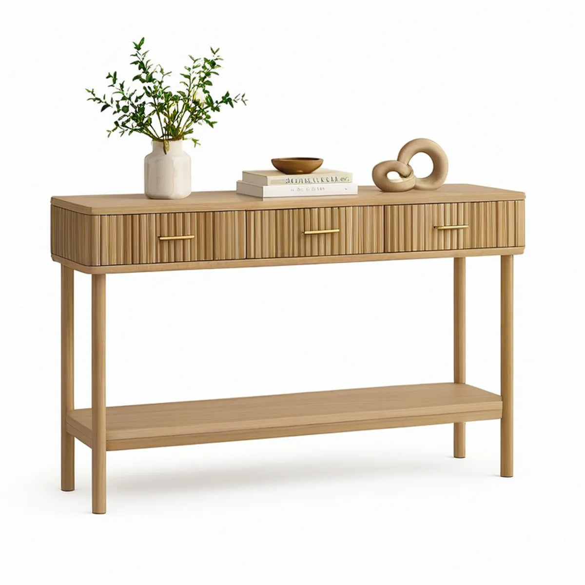 Konsolentisch aus MDF und Gummibaumholz in Natur, 120 x 35 x 85 cm, mit 3 Schubladen und Ablage