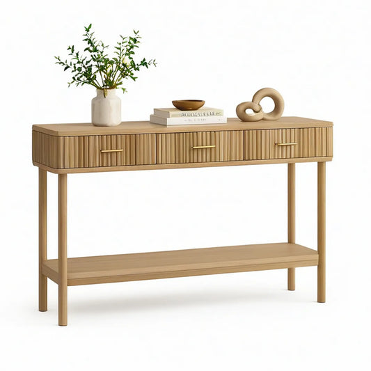 Konsolentisch aus MDF und Gummibaumholz in Natur, 120 x 35 x 85 cm, mit 3 Schubladen und Ablage