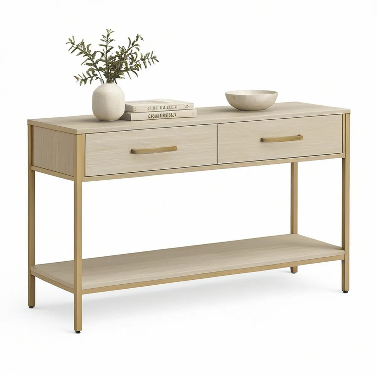 Konsolentisch mit 2 Schubladen und Ablage, 120 x 35 x 80 cm, Hellbeige/Goldfarben