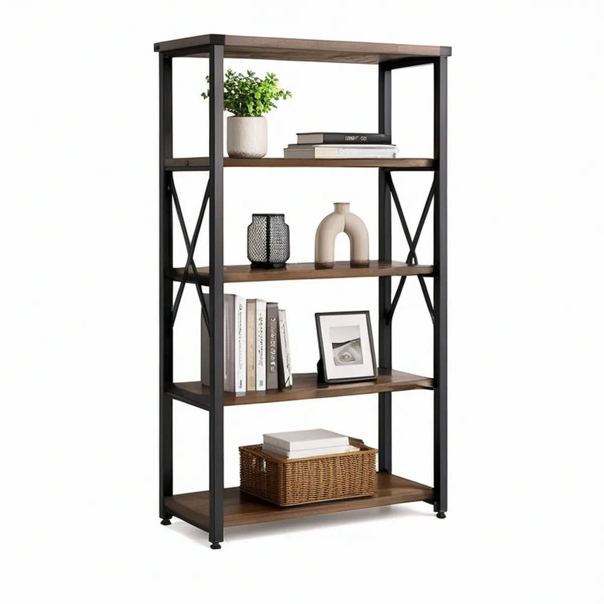 Standregal mit 5 Ablagen aus Stahl und Spanplatte, Braun/Schwarz, 80 x 30 x 150 cm