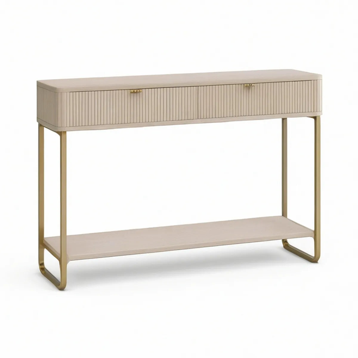 Konsolentisch mit 2 Schubladen aus MDF und Stahl, Creme/Gold, 120 x 35 x 80 cm