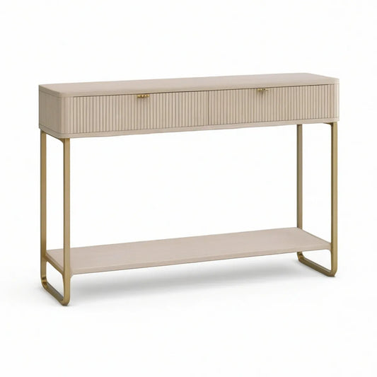 Konsolentisch mit 2 Schubladen aus MDF und Stahl, Creme/Gold, 120 x 35 x 80 cm