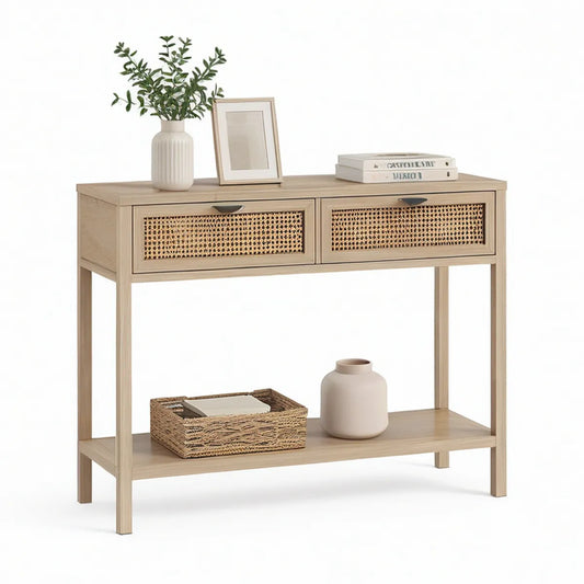 Rechteckiger Flurtisch mit 2 Schubladen und Ablage, 100 x 35 x 80 cm, Naturholz/Naturbeige/Schwarz