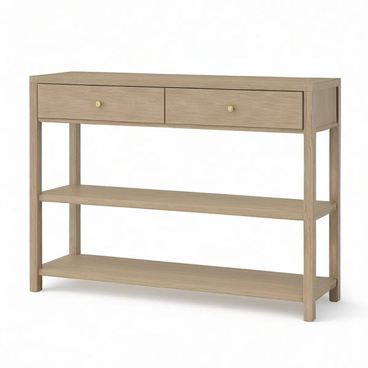 Konsolentisch aus MDF mit Eichenfurnier, 2 Schubladen und 2 Ablagen, Naturhellbraun/Messing, 120 x 35 x 80 cm